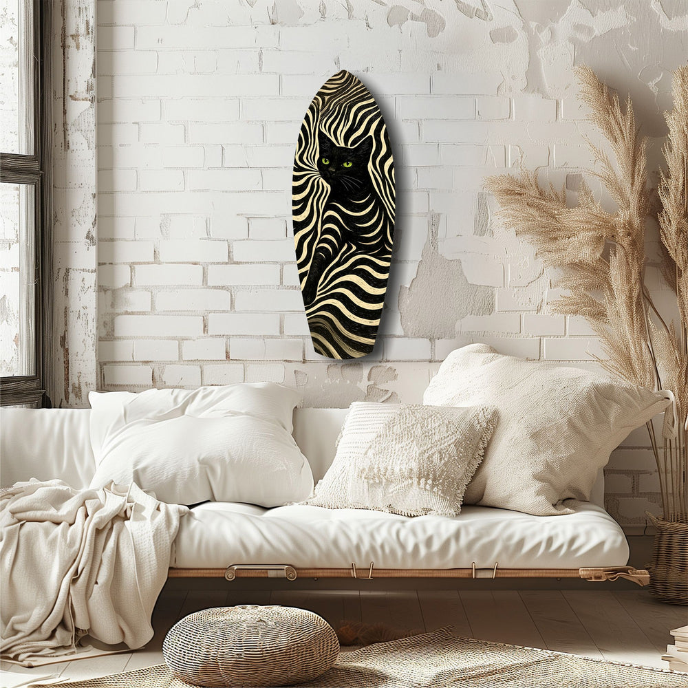 Black Cat Wavy Optical Pattern Glass Wall Art.