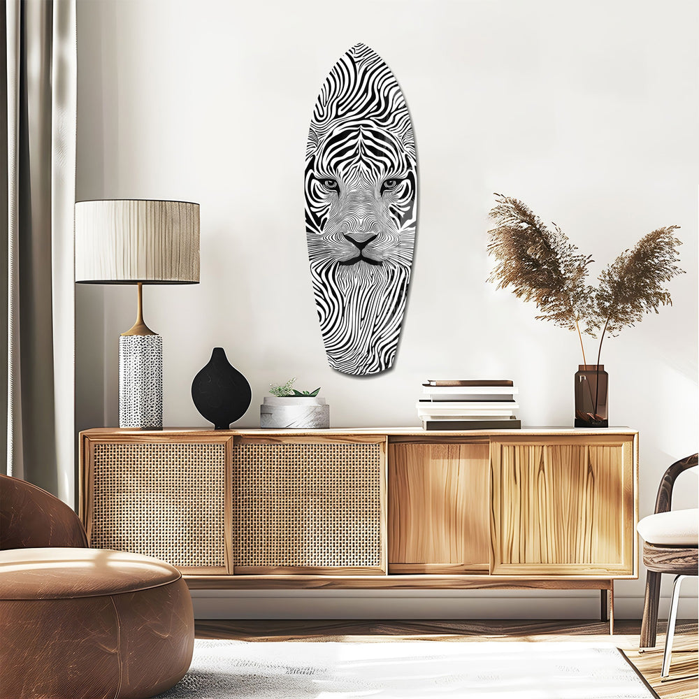 Optical Lion Black White Lines Glass Wall Art.