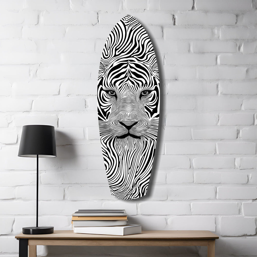 Optical Lion Black White Lines Glass Wall Art.