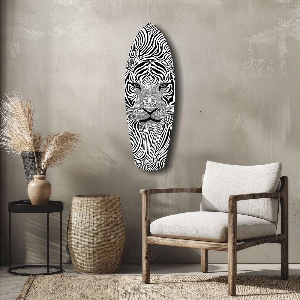 Optical Lion Black White Lines Glass Wall Art.