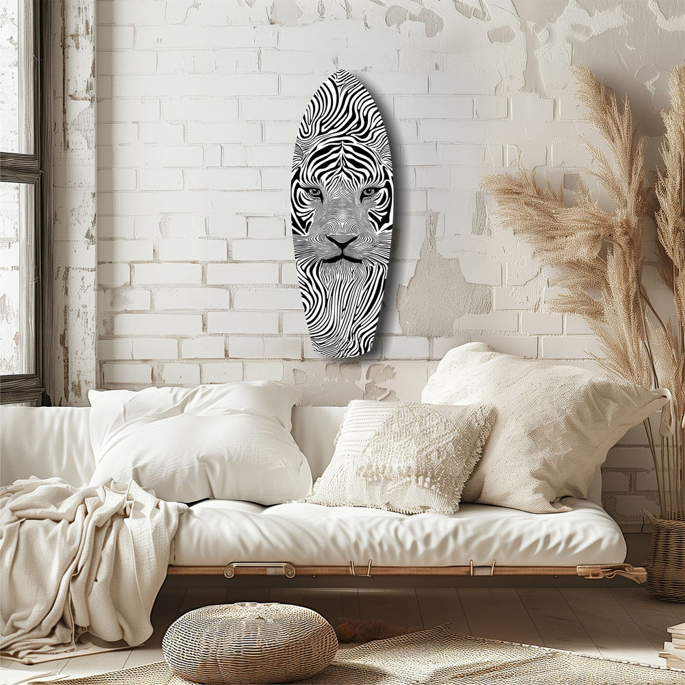 Optical Lion Black White Lines Glass Wall Art.