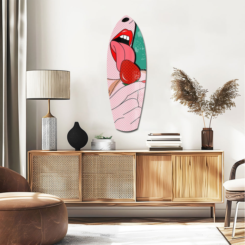 Pop Art Lips Strawberry Tongue Glass Wall Art.