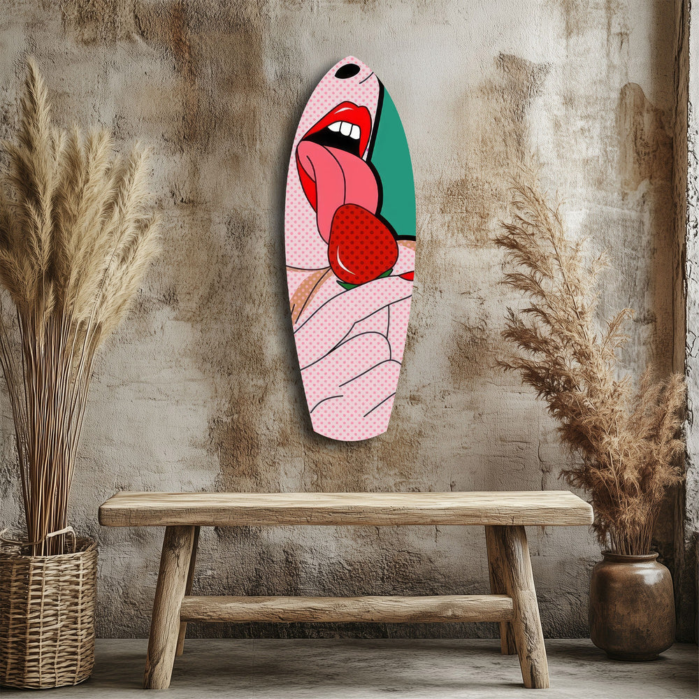 Pop Art Lips Strawberry Tongue Glass Wall Art.