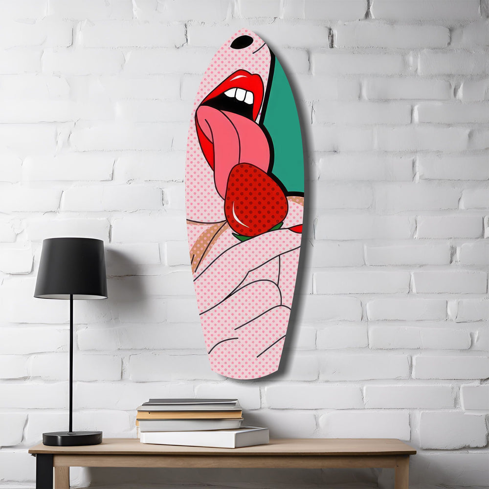 Pop Art Lips Strawberry Tongue Glass Wall Art.