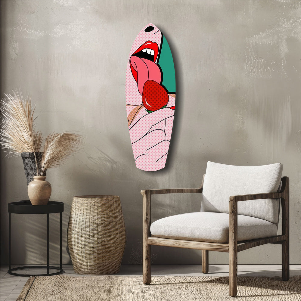Pop Art Lips Strawberry Tongue Glass Wall Art.