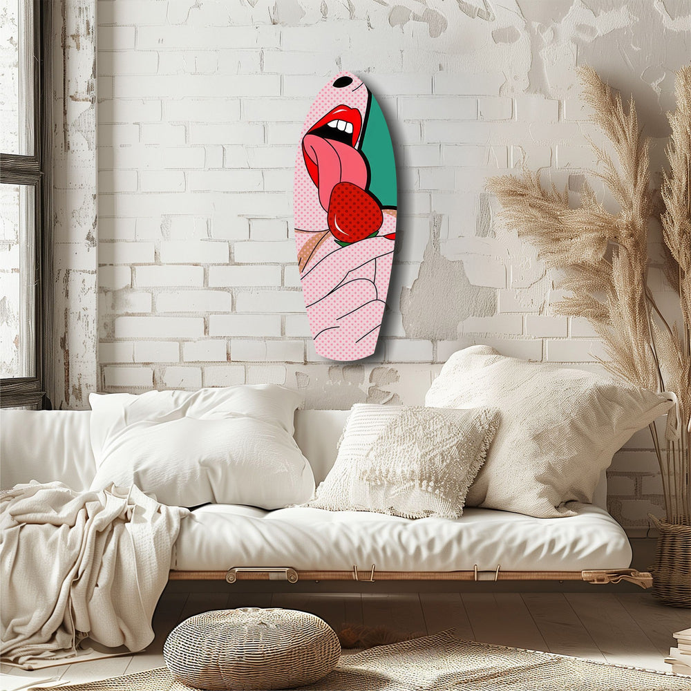 Pop Art Lips Strawberry Tongue Glass Wall Art.