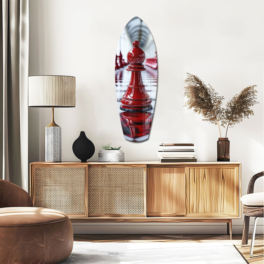 Red Bishop Chess Piece Strategy Glass Wall Art.