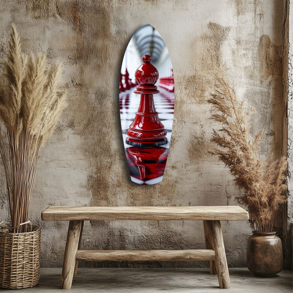 Red Bishop Chess Piece Strategy Glass Wall Art.