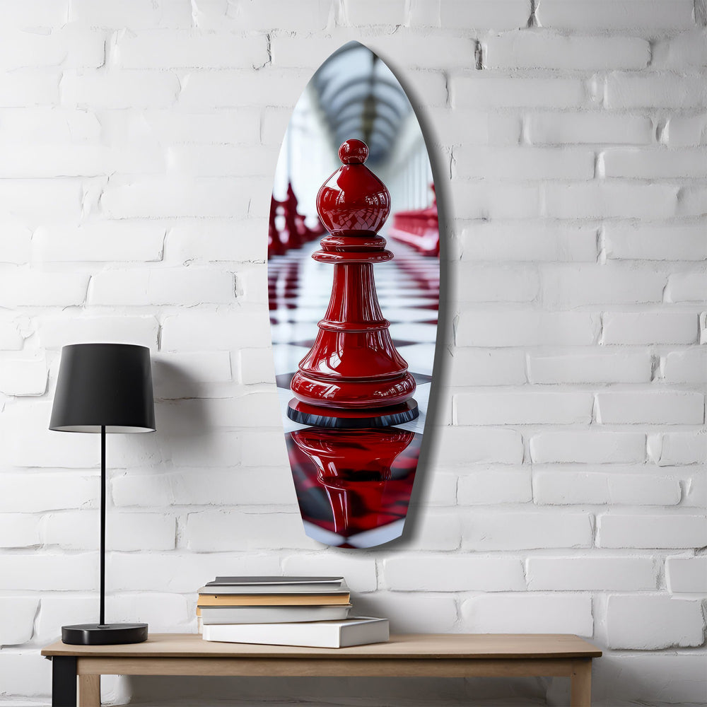 Red Bishop Chess Piece Strategy Glass Wall Art.