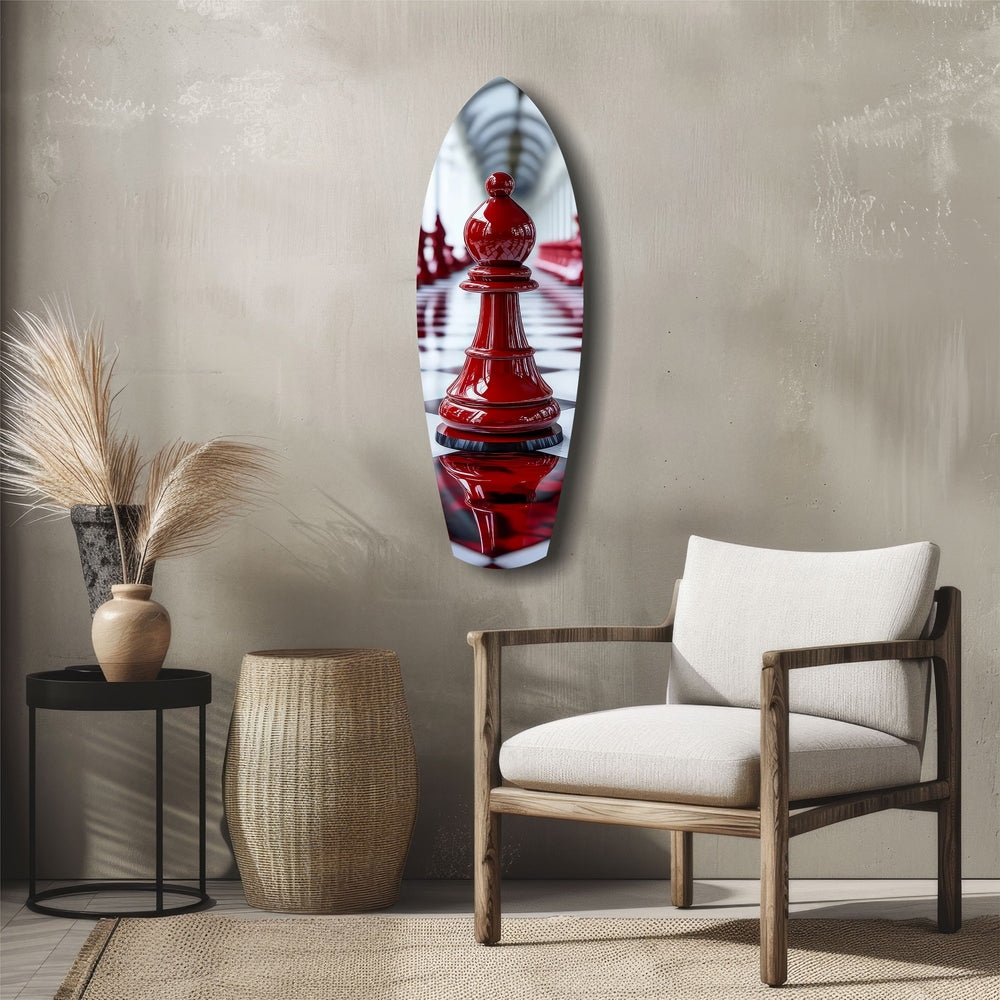 Red Bishop Chess Piece Strategy Glass Wall Art.