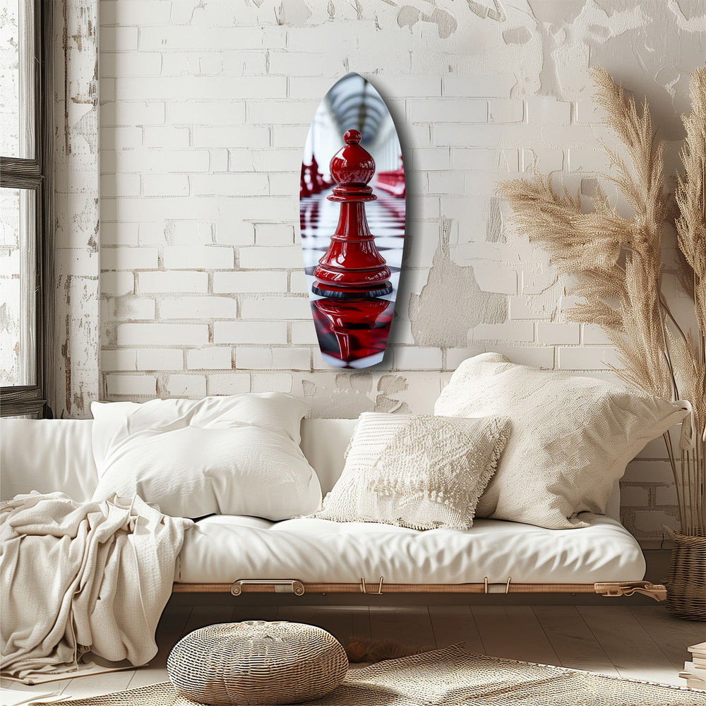 Red Bishop Chess Piece Strategy Glass Wall Art.