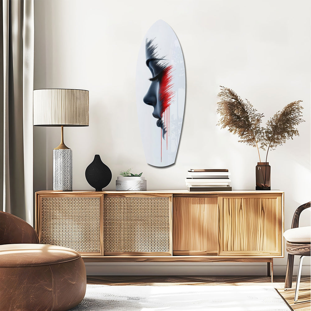 Brushstroke Face Profile Red Tear Glass Wall Art.