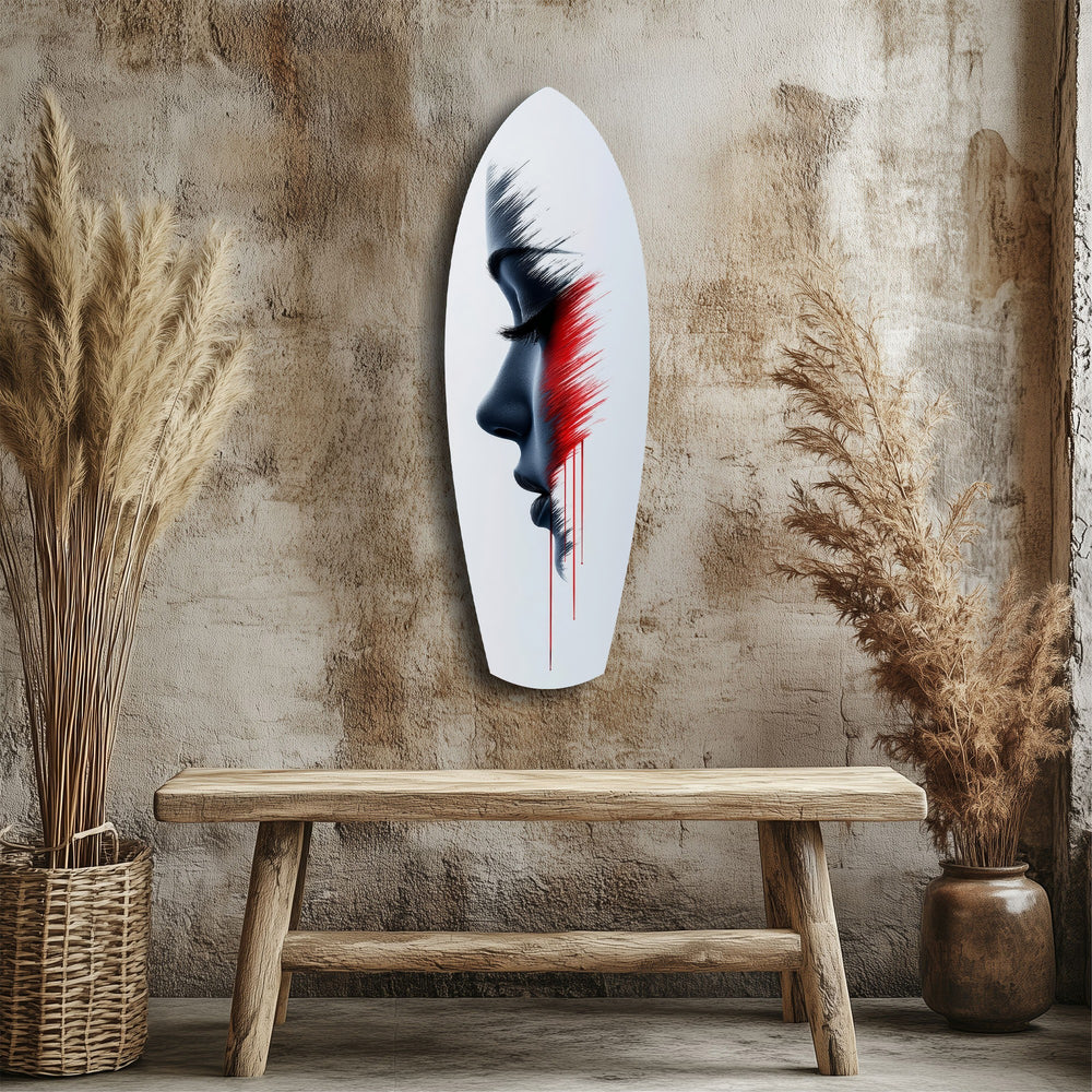 Brushstroke Face Profile Red Tear Glass Wall Art.