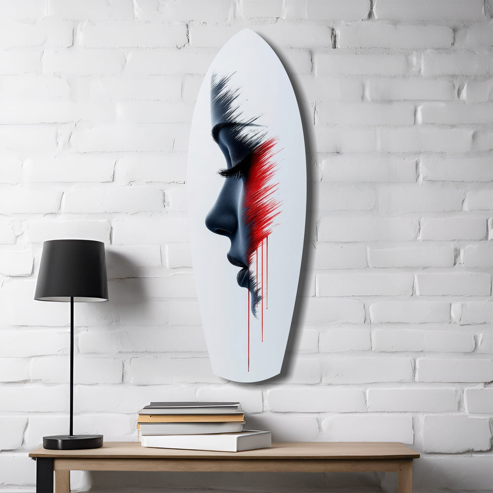 Brushstroke Face Profile Red Tear Glass Wall Art.