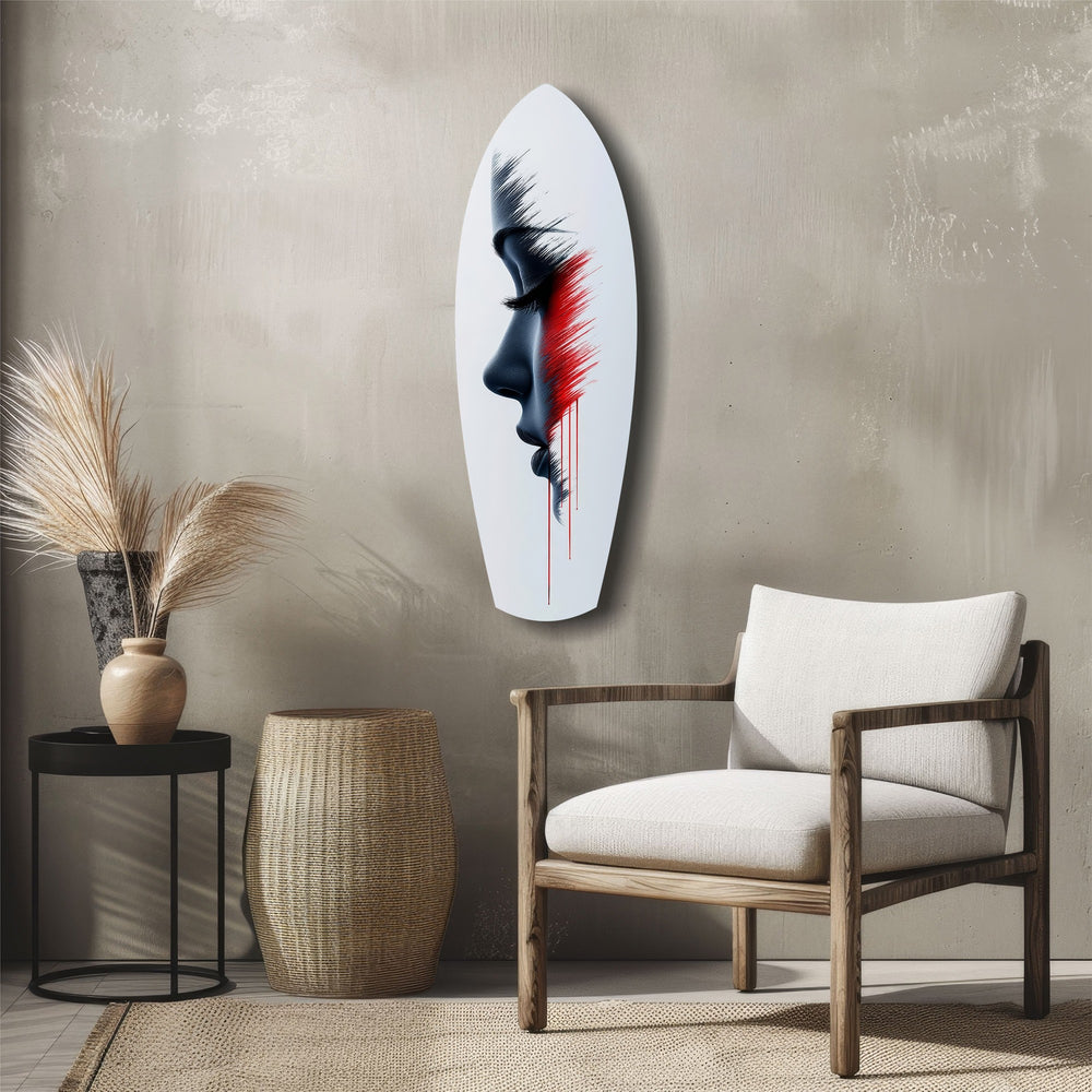 Brushstroke Face Profile Red Tear Glass Wall Art.