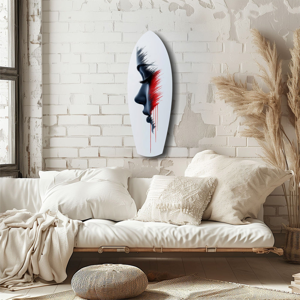 Brushstroke Face Profile Red Tear Glass Wall Art.