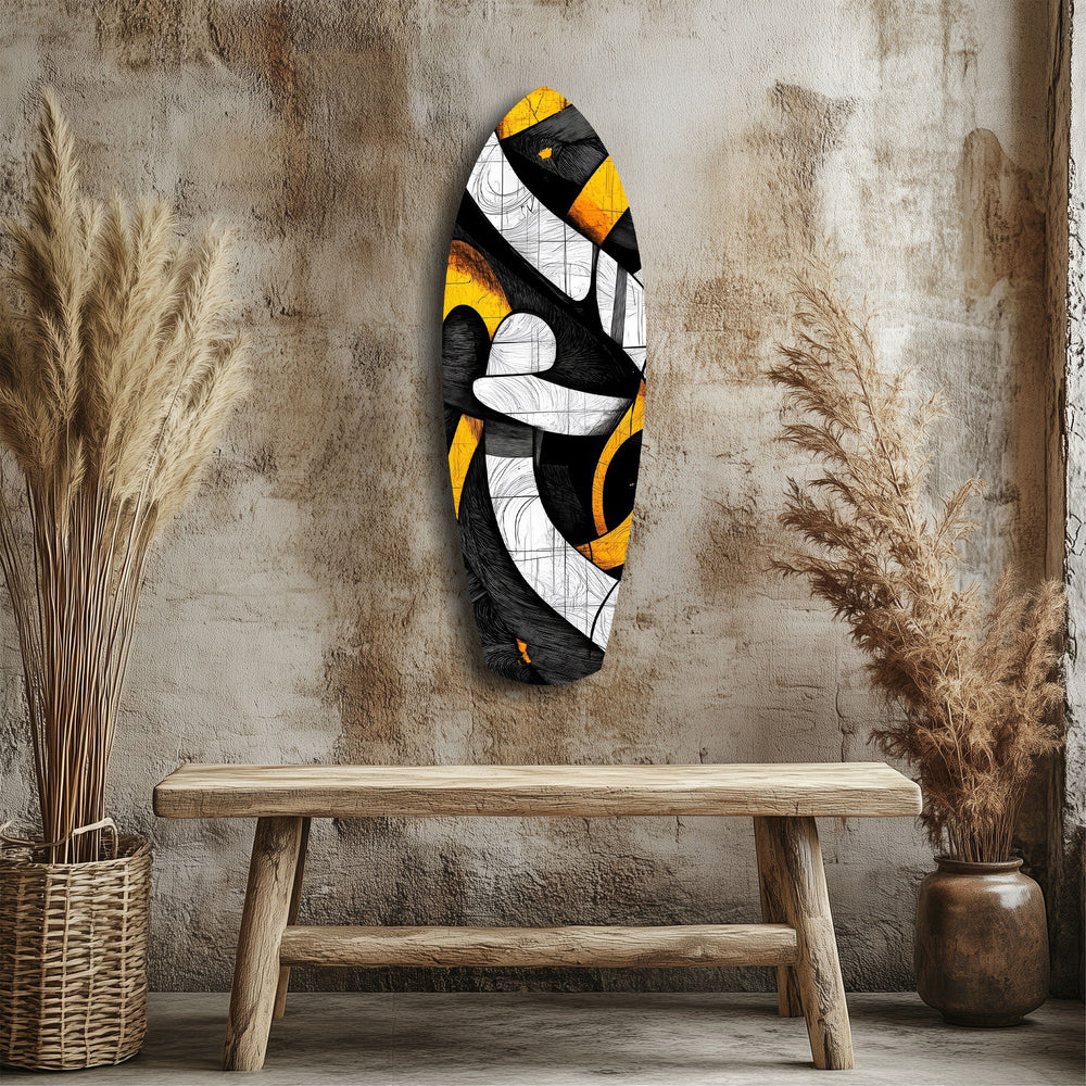 Cubist Abstract Yellow Black Sketch Glass Wall Art.