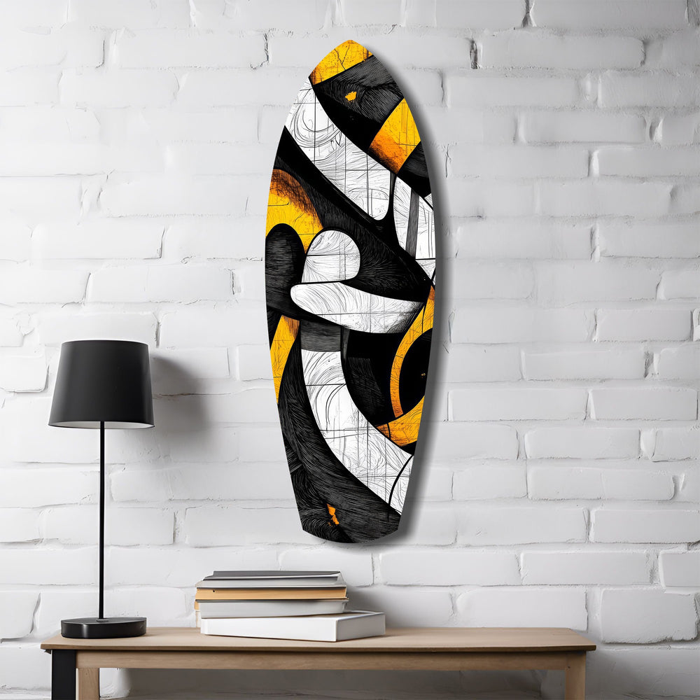 Cubist Abstract Yellow Black Sketch Glass Wall Art.