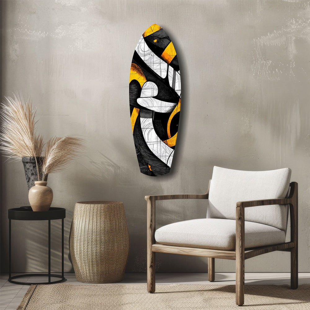 Cubist Abstract Yellow Black Sketch Glass Wall Art.