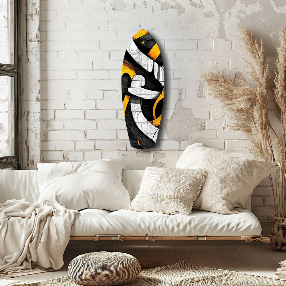 Cubist Abstract Yellow Black Sketch Glass Wall Art.