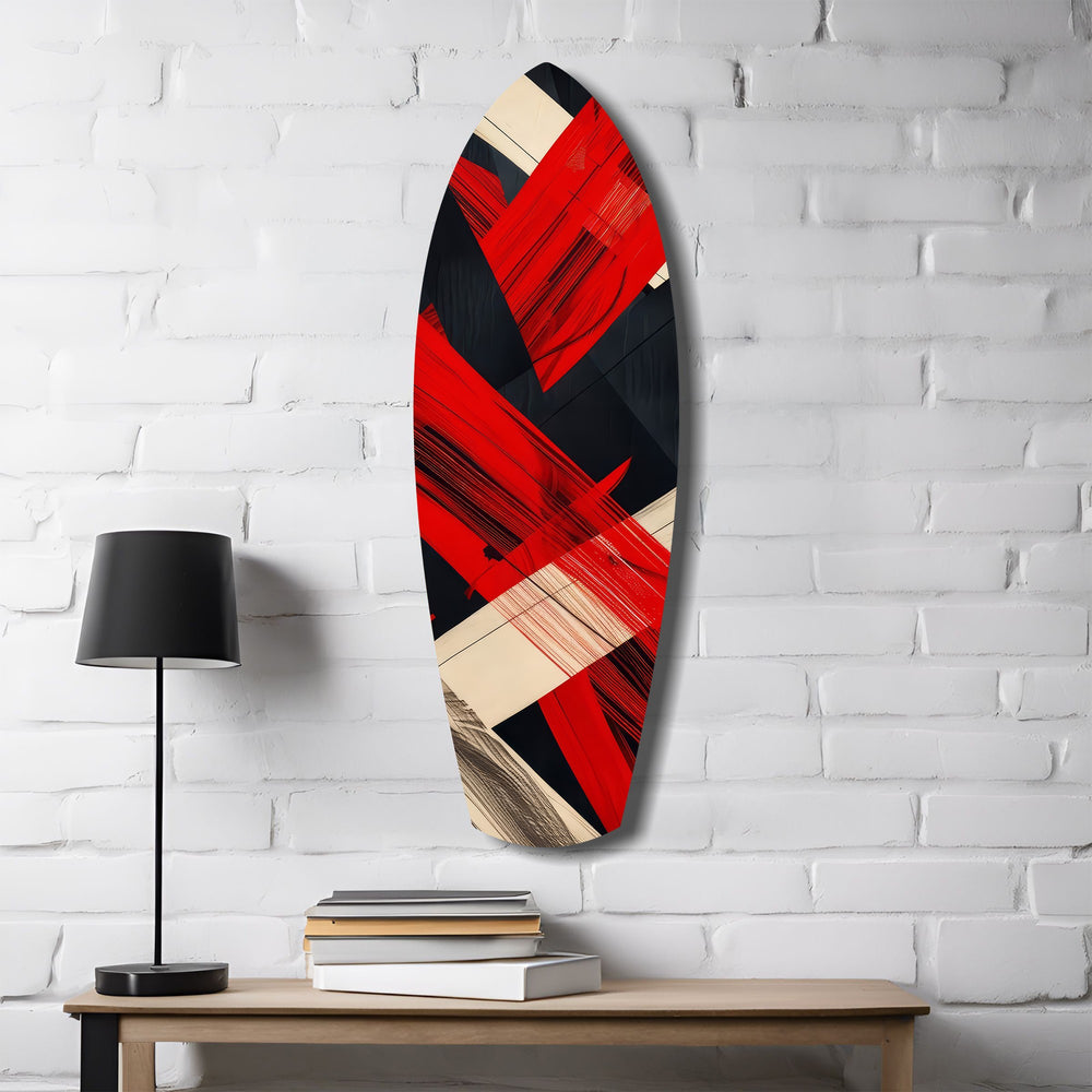 Red Black Cream Brushstroke Abstract Glass Wall Art.