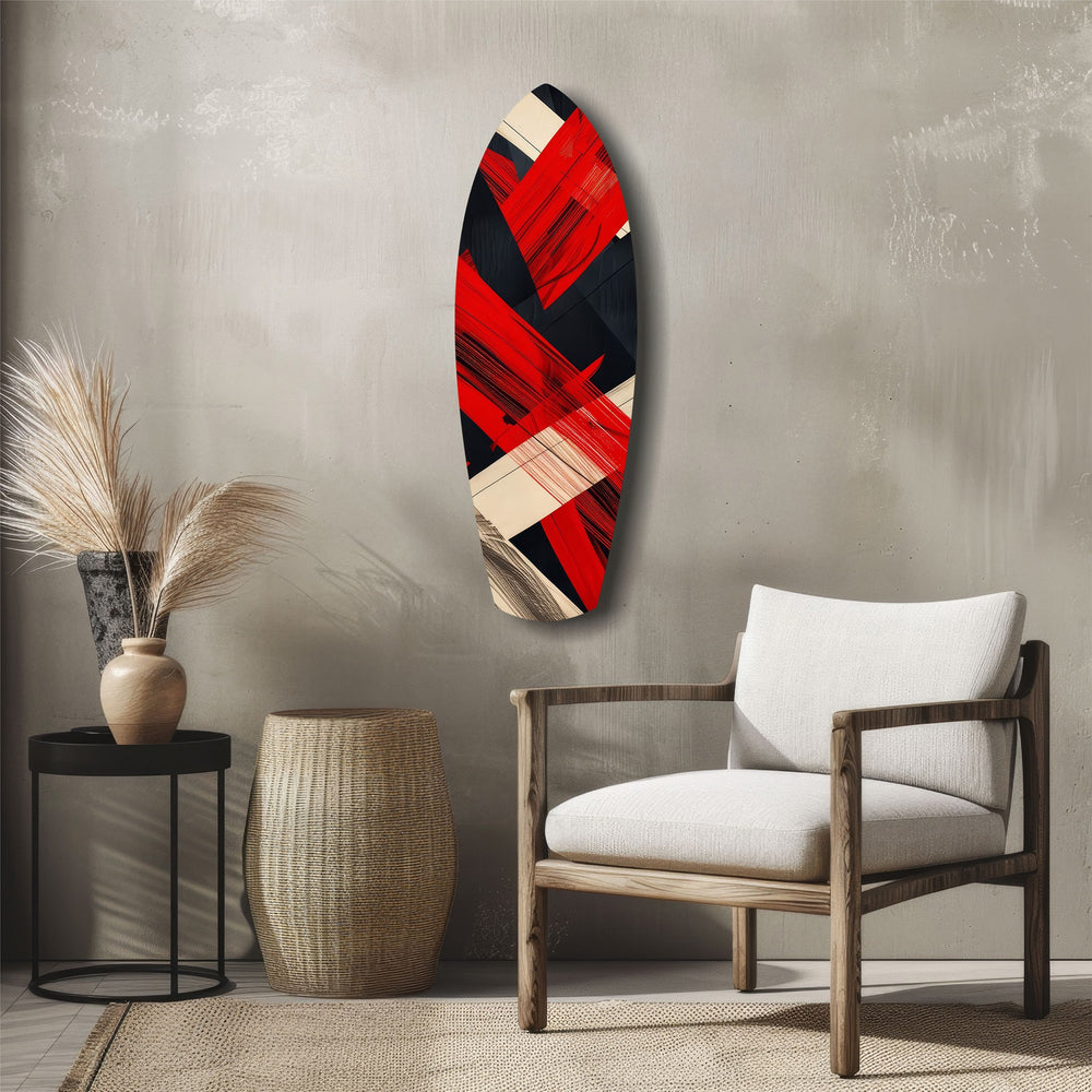 Red Black Cream Brushstroke Abstract Glass Wall Art.