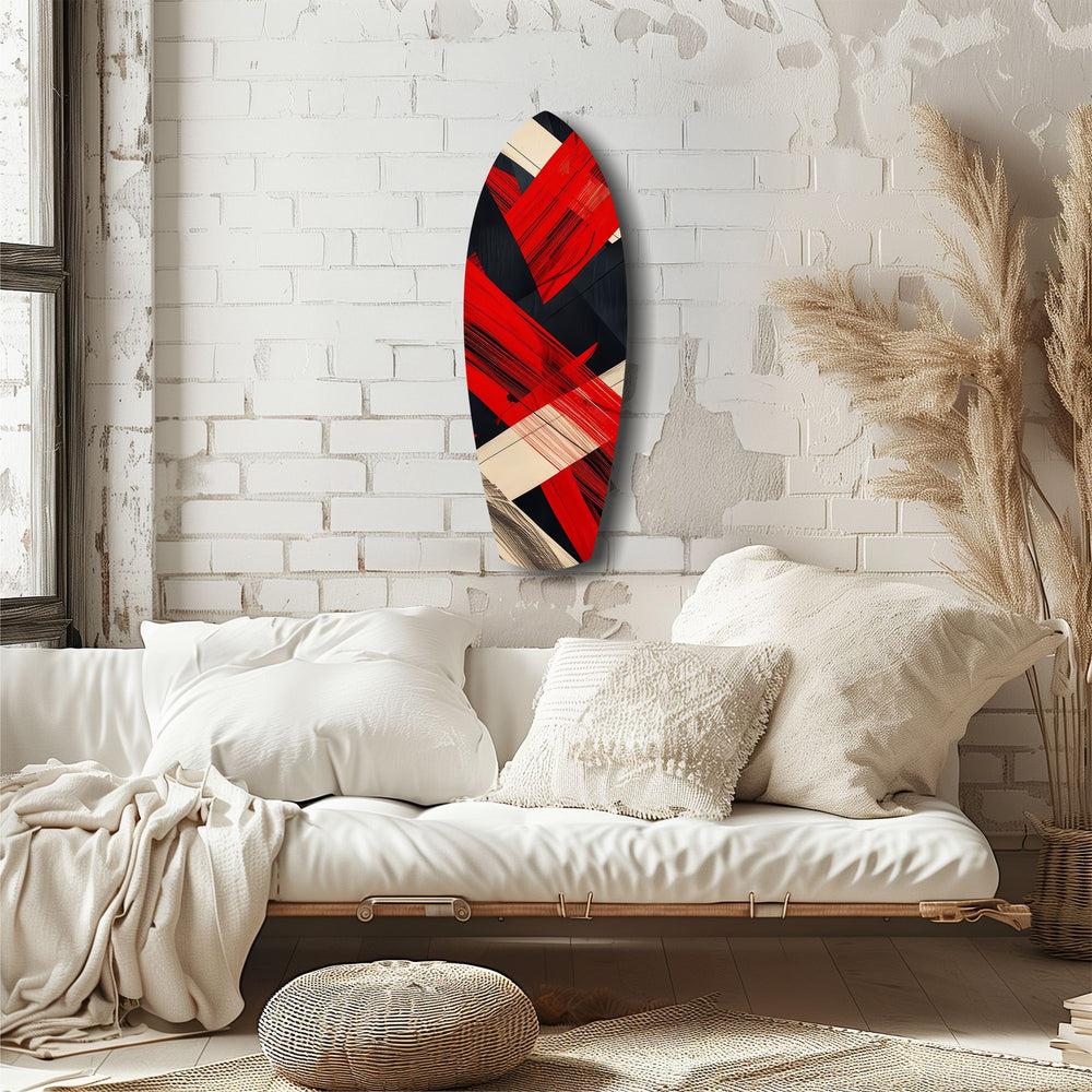 Red Black Cream Brushstroke Abstract Glass Wall Art.