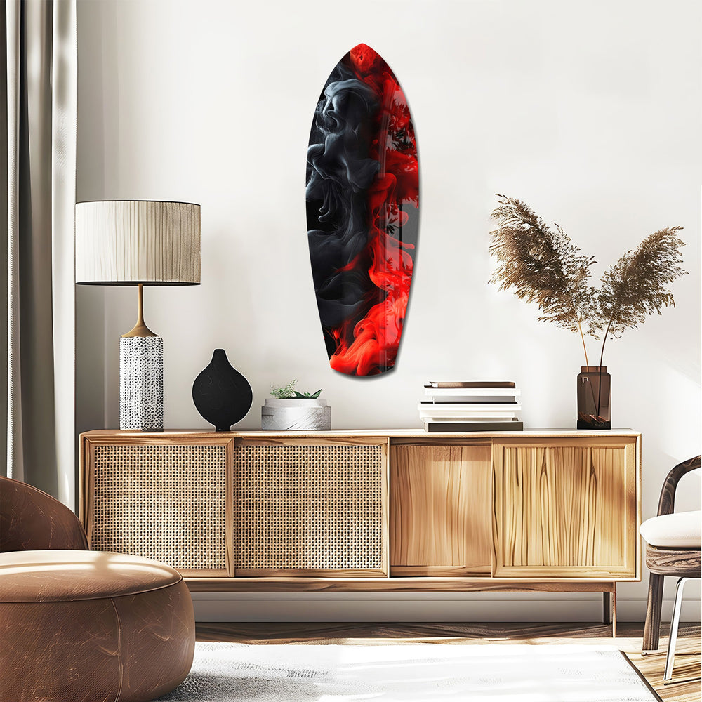 Red Black Smoke Ink Swirl Glass Wall Art.