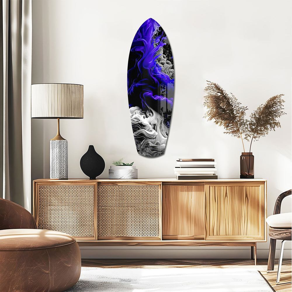 Purple White Smoke Ink Storm Glass Wall Art.