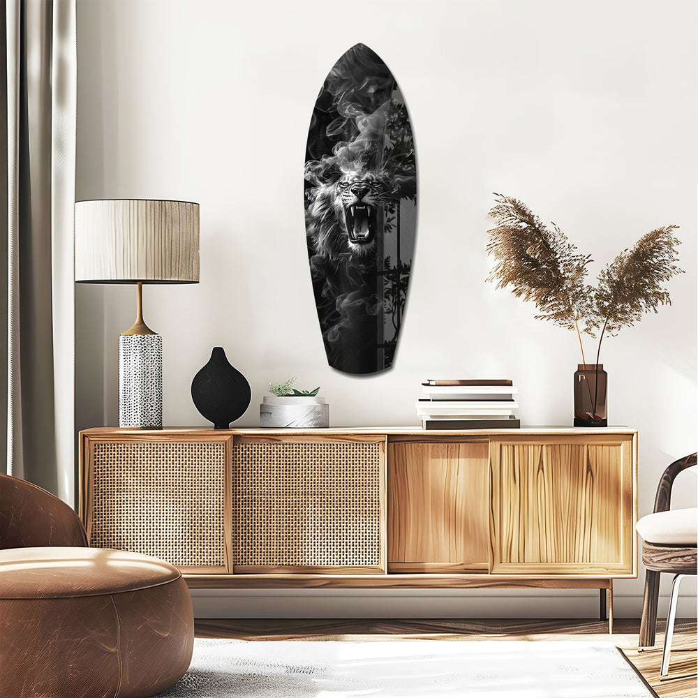 Roaring Lion Smoke Monochrome Glass Wall Art.
