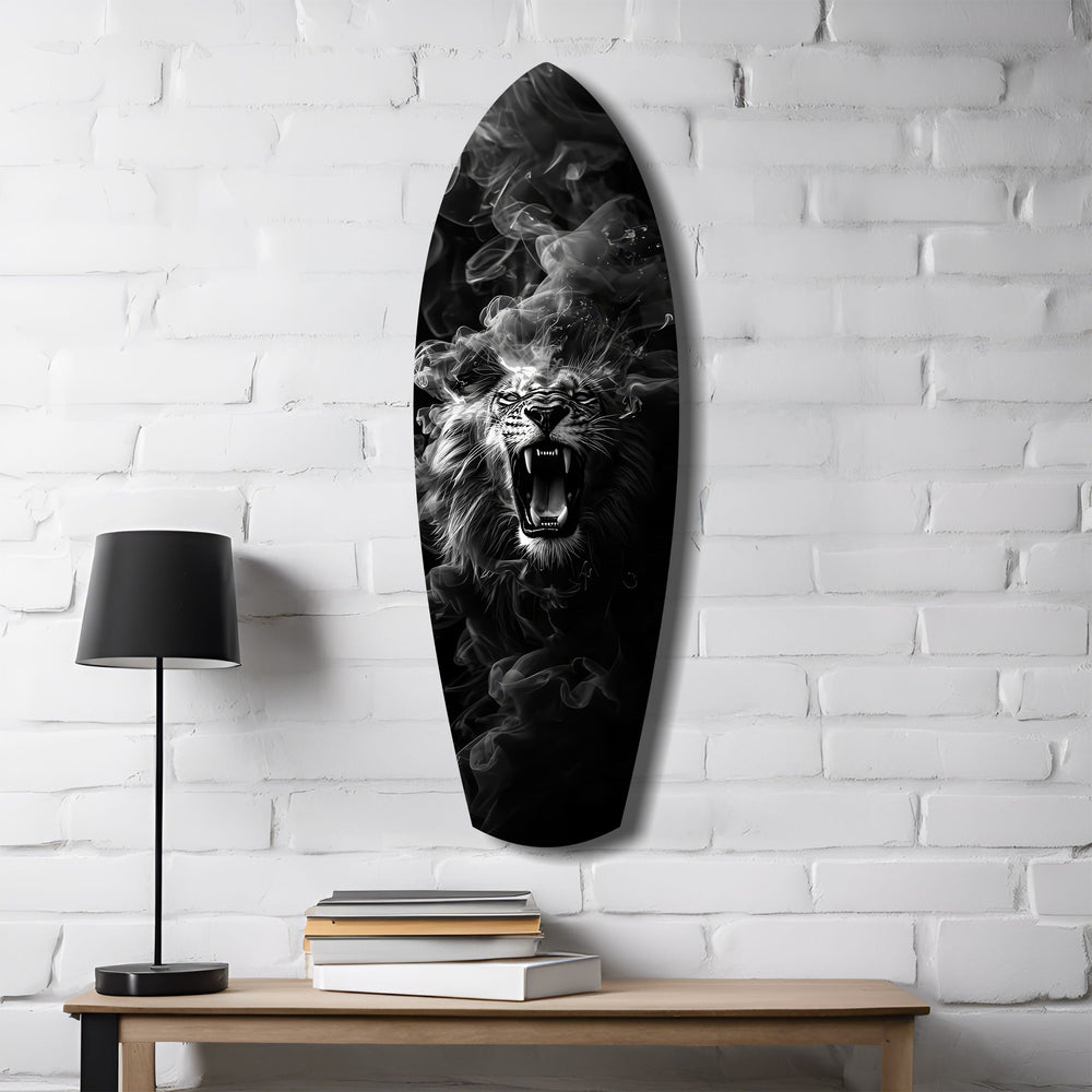 Roaring Lion Smoke Monochrome Glass Wall Art.
