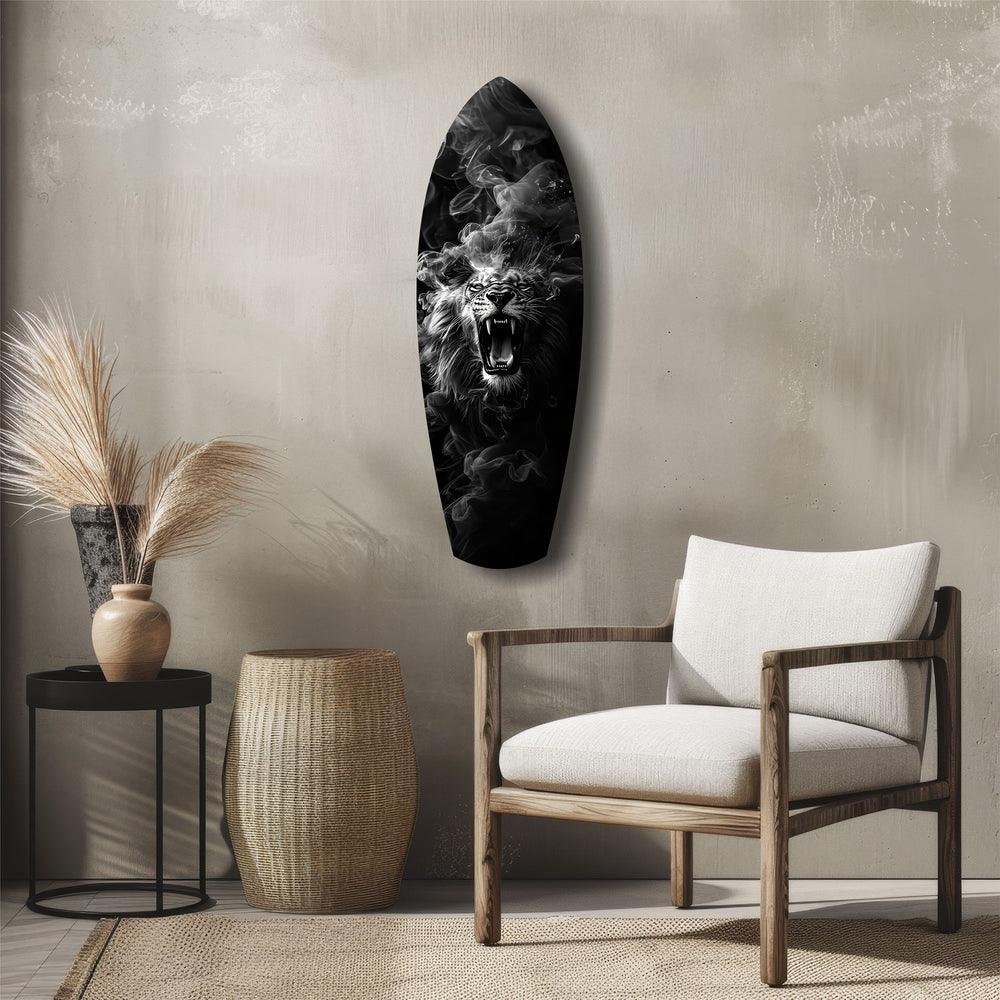 Roaring Lion Smoke Monochrome Glass Wall Art.