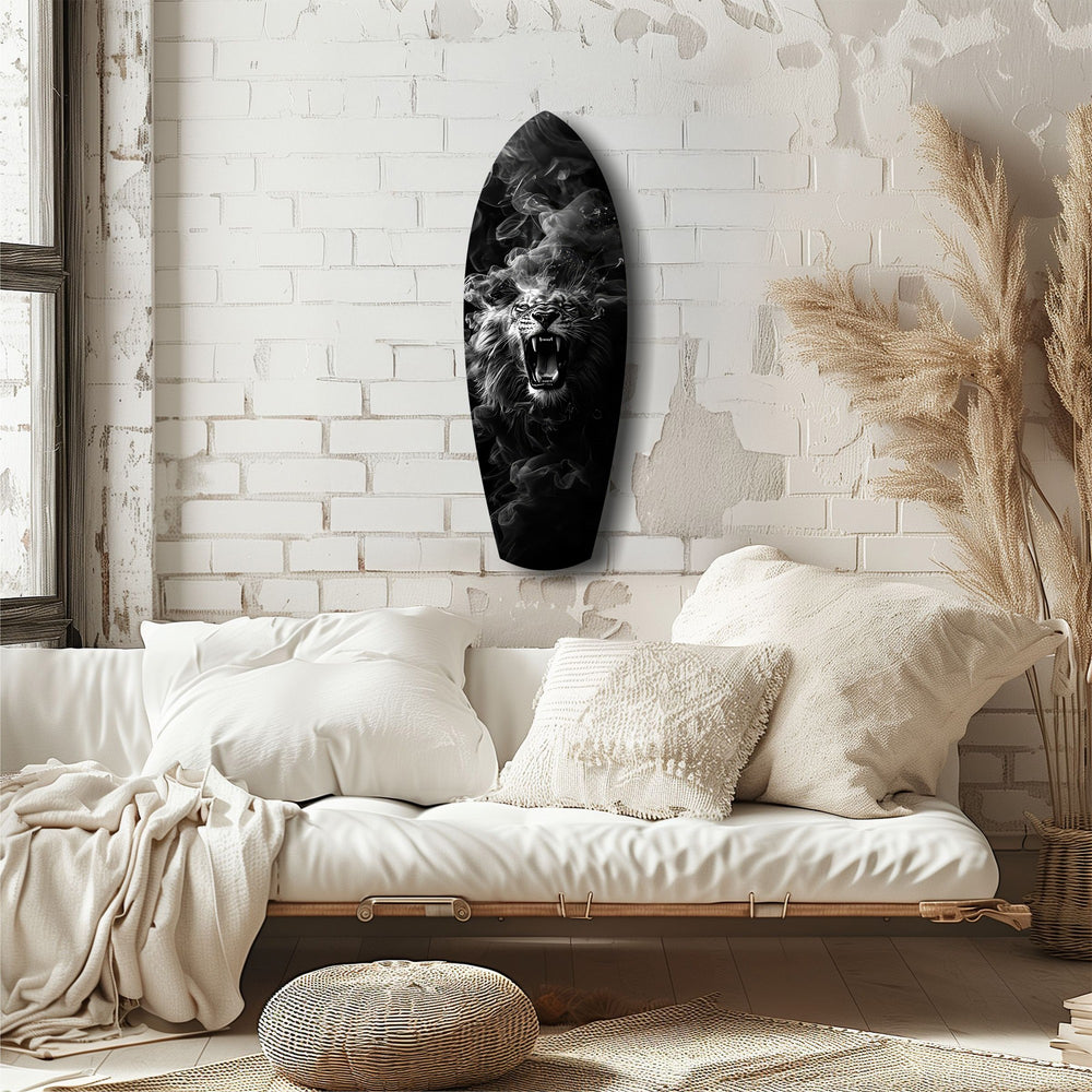 Roaring Lion Smoke Monochrome Glass Wall Art.