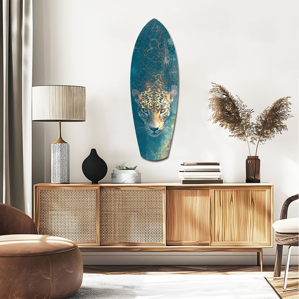 Leopard Stalking Turquoise Water Glass Wall Art.