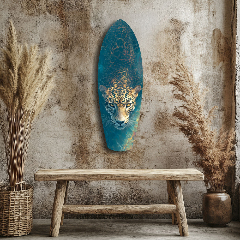 Leopard Stalking Turquoise Water Glass Wall Art.