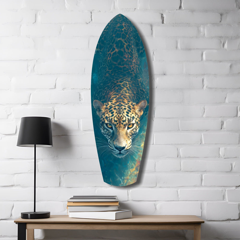 Leopard Stalking Turquoise Water Glass Wall Art.