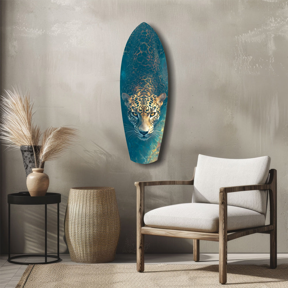 Leopard Stalking Turquoise Water Glass Wall Art.