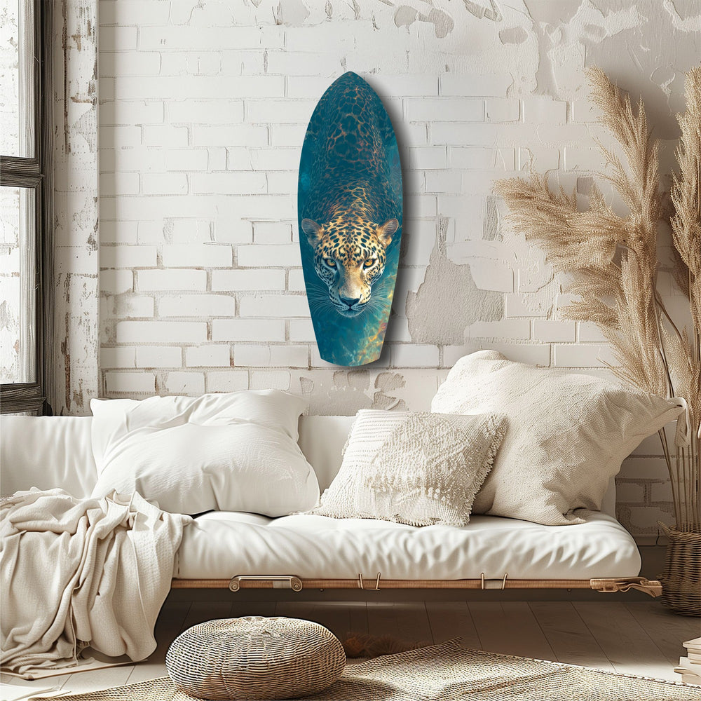 Leopard Stalking Turquoise Water Glass Wall Art.