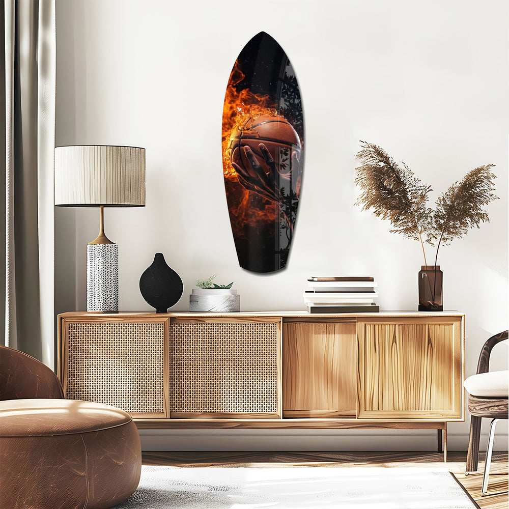 Flaming Basketball Hand Fire Glass Wall Art.