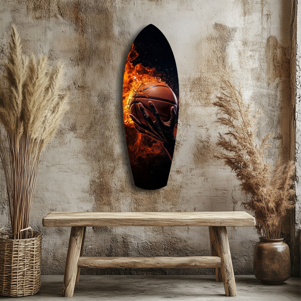 Flaming Basketball Hand Fire Glass Wall Art.