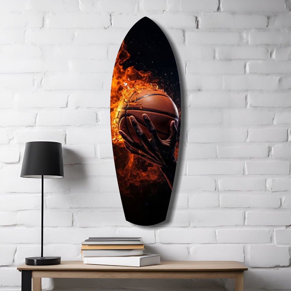 Flaming Basketball Hand Fire Glass Wall Art.