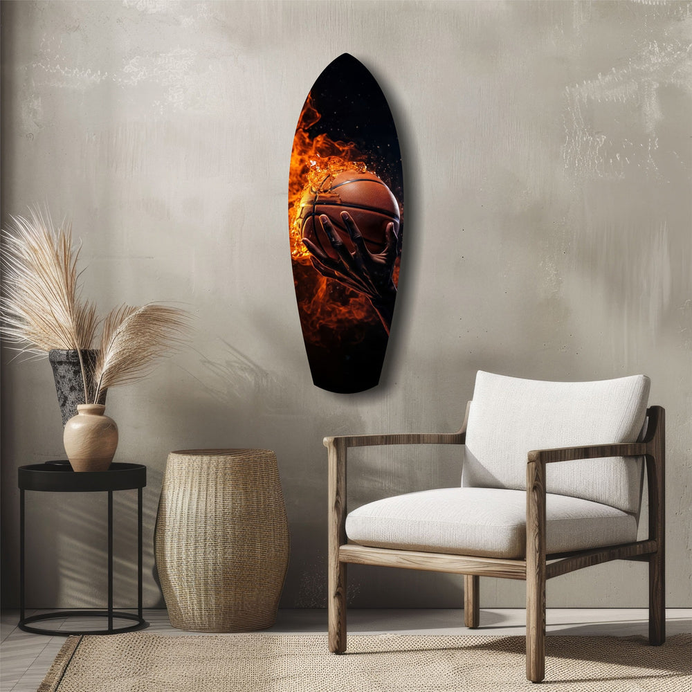 Flaming Basketball Hand Fire Glass Wall Art.