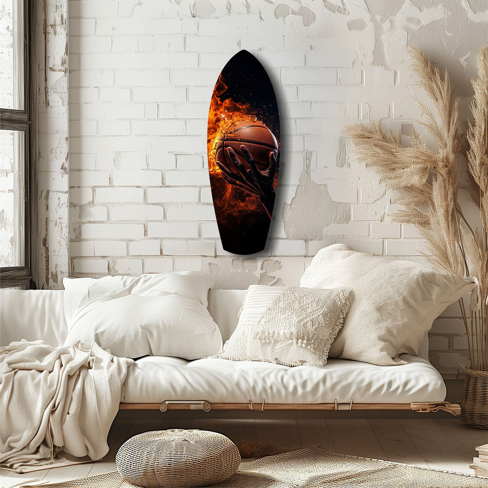 Flaming Basketball Hand Fire Glass Wall Art.