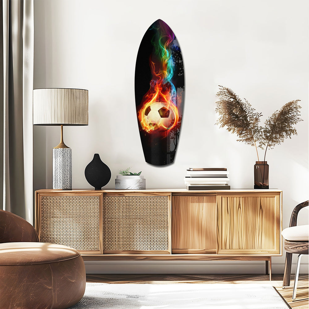 Flaming Soccer Ball Rainbow Smoke Glass Wall Art.