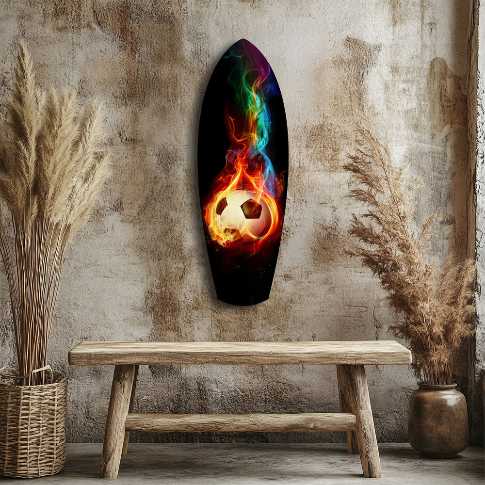 Flaming Soccer Ball Rainbow Smoke Glass Wall Art.