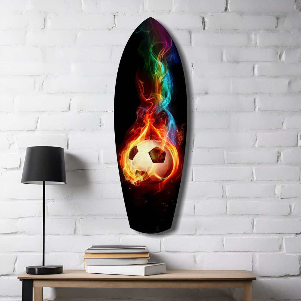 Flaming Soccer Ball Rainbow Smoke Glass Wall Art.