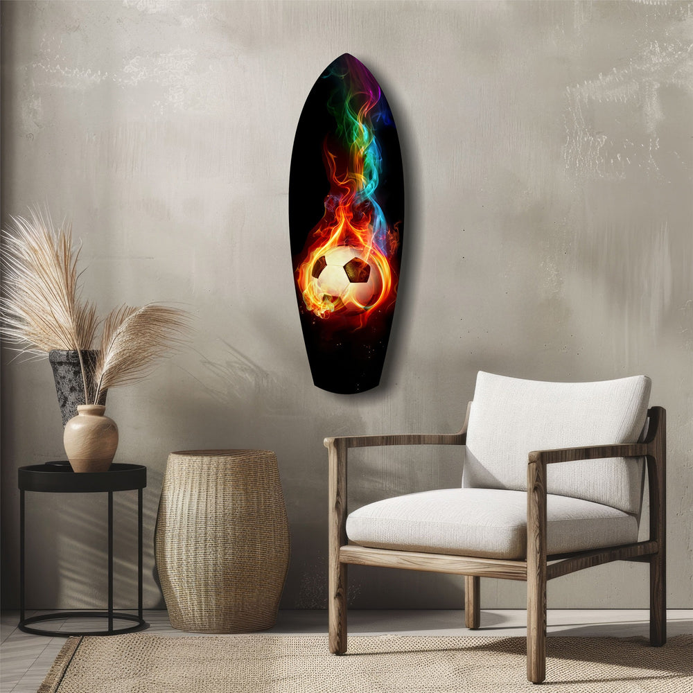 Flaming Soccer Ball Rainbow Smoke Glass Wall Art.