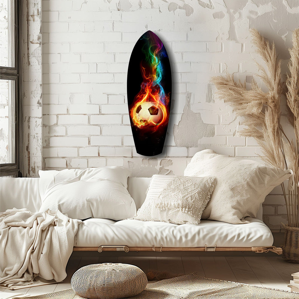 Flaming Soccer Ball Rainbow Smoke Glass Wall Art.