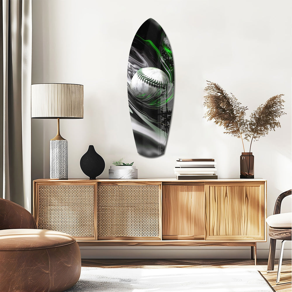 Baseball Liquid Swirl Black Green Glass Wall Art.