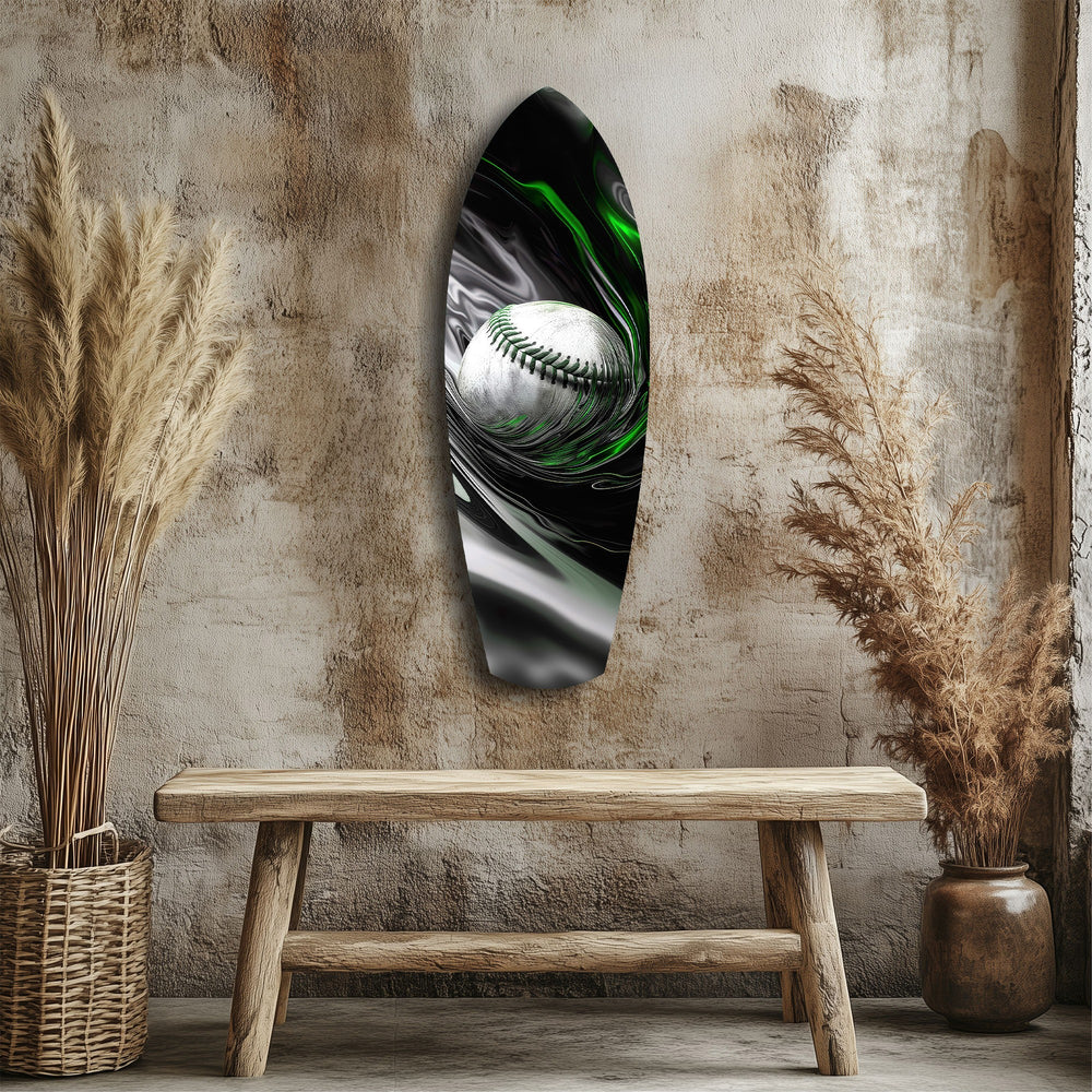 Baseball Liquid Swirl Black Green Glass Wall Art.